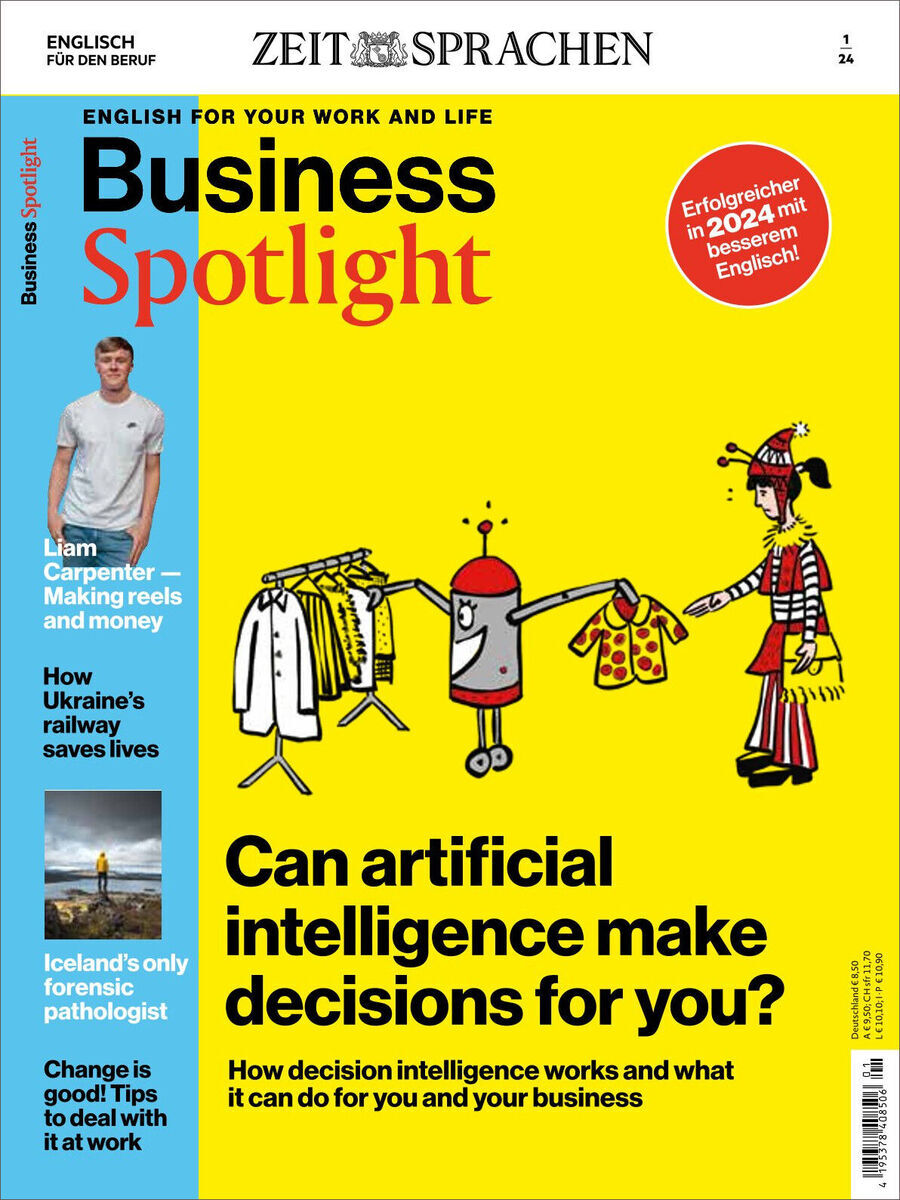 Cover des Business Spotlight Magazins Ausgabe 01/2024. Enthält Themen zu künstlicher Intelligenz und deren Anwendung im Geschäftsleben sowie Tipps und Wissen über Wirtschaft. Der Hintergrund ist überwiegend gelb mit schwarzen und roten Texten. Eine Illustration eines Roboters und einer Person ist rechts.