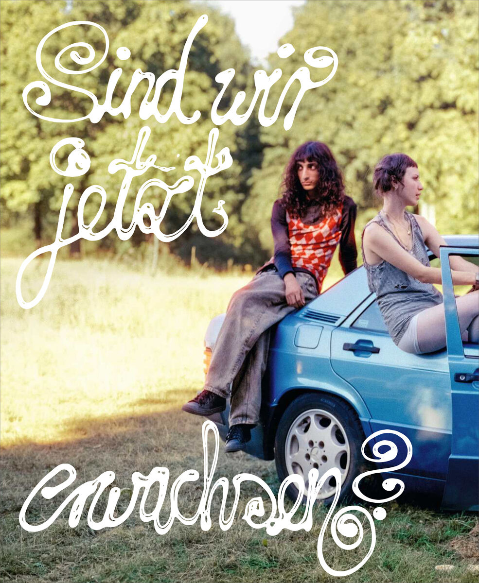 Zwei junge Menschen sitzen entspannt auf einem blauen Auto im Grünen, sommerliche Lichtstimmung, im Hintergrund Bäume. Groß in schwungvoller Schrift steht: 'Sind wir jetzt erwachsen?'. Szene wirkt nachdenklich, thematisiert den Übergang ins Erwachsenenleben.