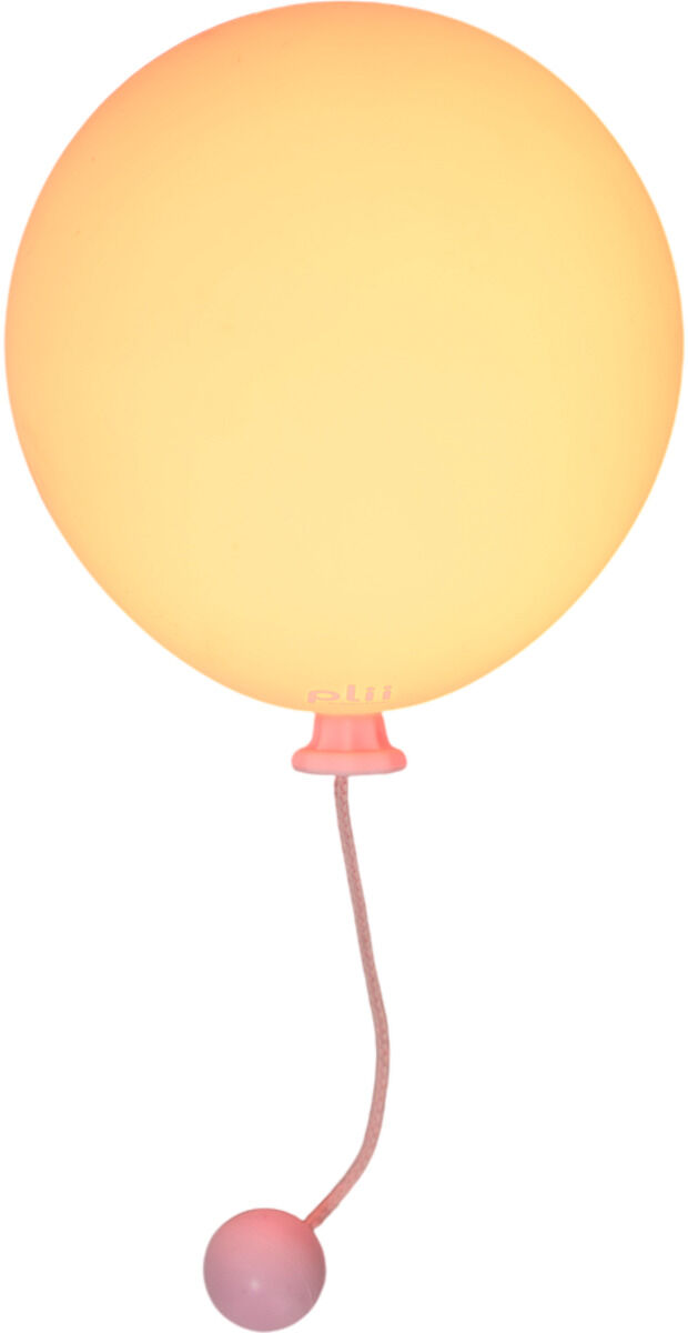 Freigestellte Leuchte »Mimo Ballon« von Gingko Design Ltd: Ein großer, rundlicher Ballon aus weich wirkendem Material leuchtet warmgelb. Am roséfarbenen Ansatz hängt eine dünne, geschwungene Schnur mit kugelförmigem Zugschalter in Rosa. Weißer Hintergrund.
