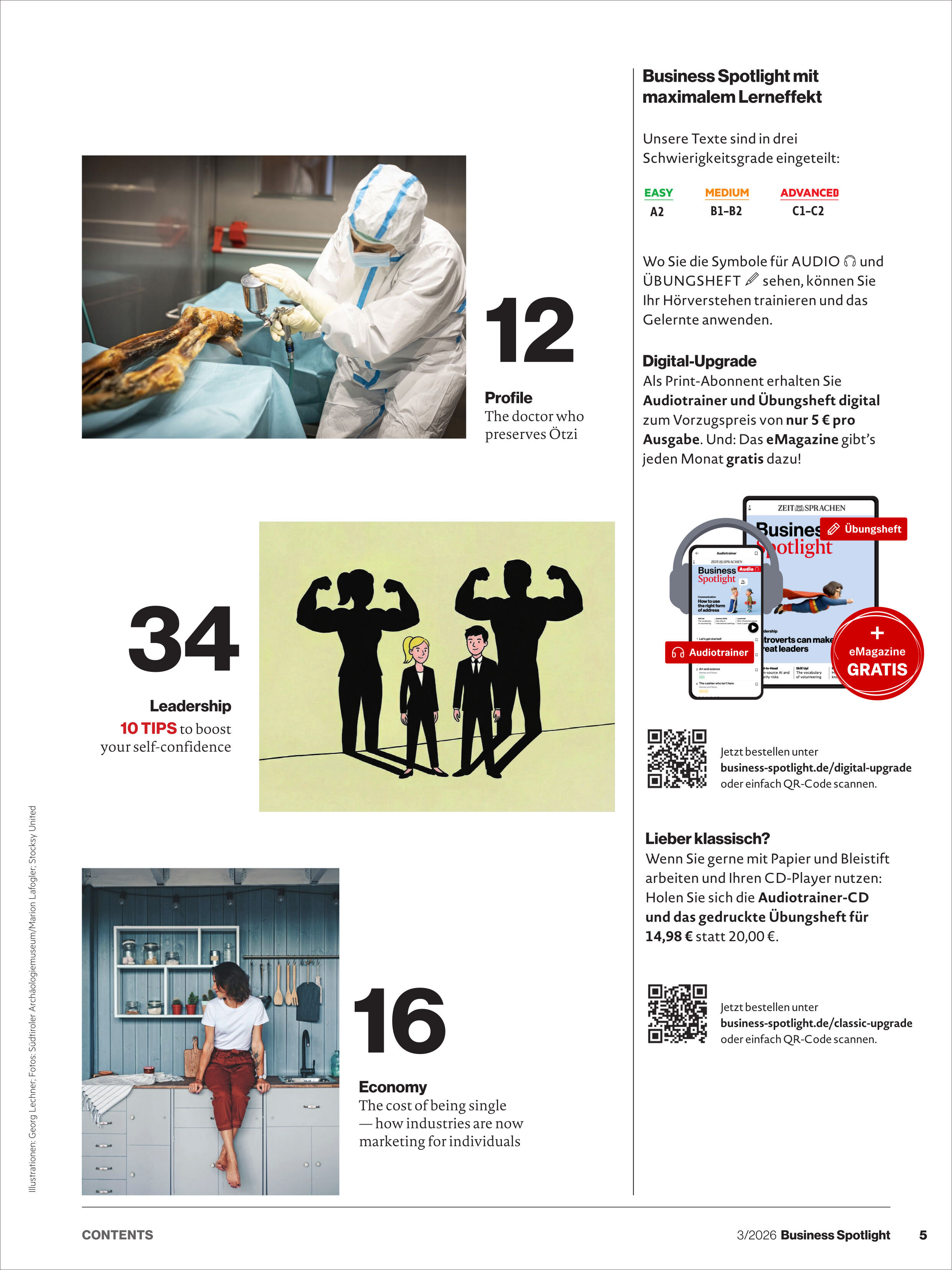 Detailreiche Magazinseite mit drei separaten Bildbereichen: Oben ein Mediziner in Schutzkleidung bei einer Operation, mittig eine Illustration von vier Menschen, von denen einer klein und schüchtern, drei groß und muskulös sind, unten ein Arbeitszimmer mit Frau am Schreibtisch. Rechts Text mit Informationen zum Magazin Business Spotlight und Digital-Angeboten.