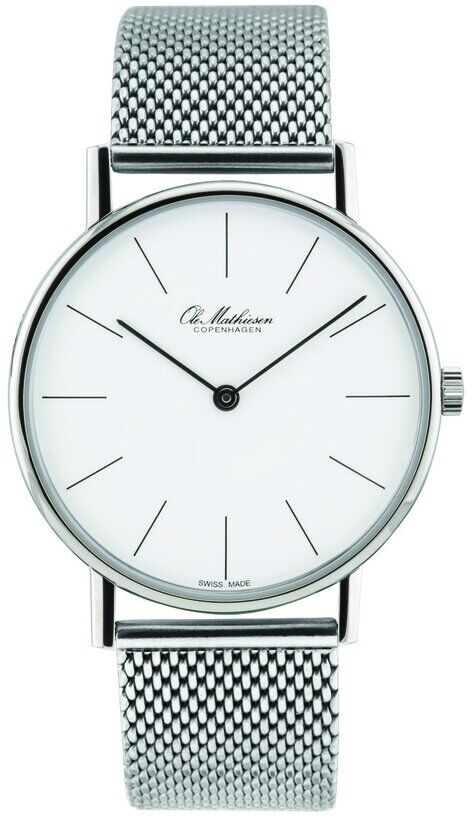 Die Armbanduhr »Classic« von Ole Mathiesen verfügt über ein einfaches, elegantes Design mit silbernem Mesh-Armband und weißem Zifferblatt. Die Uhr zeigt die Zeit analog an.