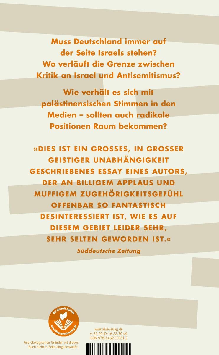 Rückseite des Buches 'Über Israel reden' von Marina Mendel. Der Text stellt verschiedene Fragen zur Position Deutschlands im Zusammenhang mit Israel, palästinensischen Stimmen in den Medien und Antisemitismus. Unten ist ein Zitat aus der Süddeutsche Zeitung abgedruckt.