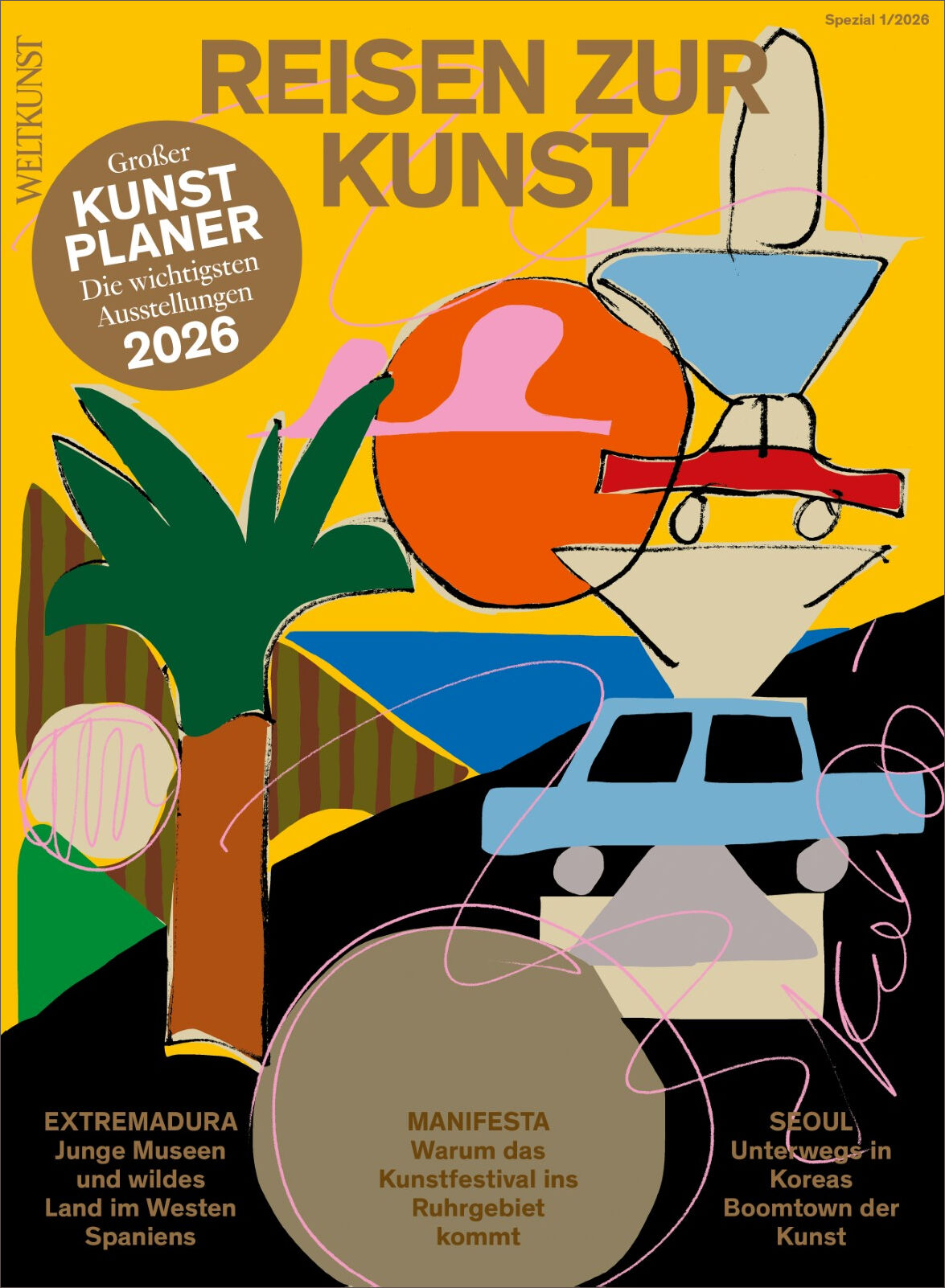 Das Cover der Zeitschrift „WELTKUNST 250/25 Reisen zur Kunst“ zeigt eine stilisierte Collage: Im Zentrum steht ein künstlerisch bearbeitetes Stadtbild von München mit prägnanten Gebäuden und einem farbig akzentuierten, modernen Design. Der Hintergrund ist hell, der Titel groß und klar in kräftigem Schriftzug gesetzt.