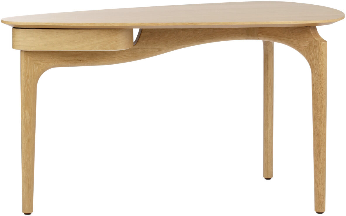 Ein moderner, minimalistisch gestalteter Schreibtisch aus hellem Naturholz mit organischer Form. Der Tisch steht frei und besitzt eine integrierte Schublade auf der linken Seite. Das Design ist schlicht und elegant, ideal für Büro, Home Office oder Wohnräume.