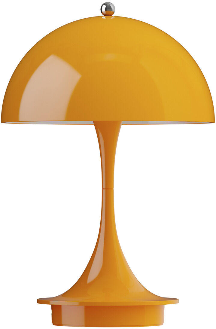 Ein modernes, tragbares Beleuchtungsgerät namens Panthella 160 Portable in leuchtendem Gelb. Die Lampe hat eine abgerundete Form mit einem glatten, minimalistischen Design, das sich gut für zeitgemäße Innenräume eignet.