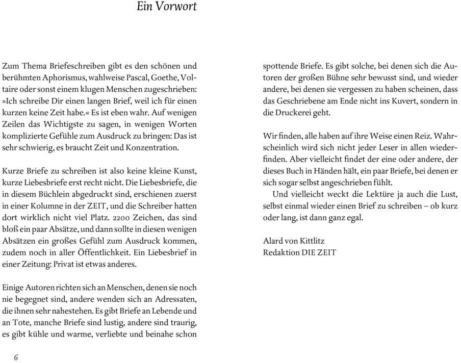 Seiten eines Buches mit dem Titel Seither denk ich dauernd an Dich - Besondere Liebesbriefe, geschrieben von verschiedenen Autoren, erscheinen auf dem Bild. Die Seiten enthalten Text in schwarzer Schrift auf weißem Hintergrund.