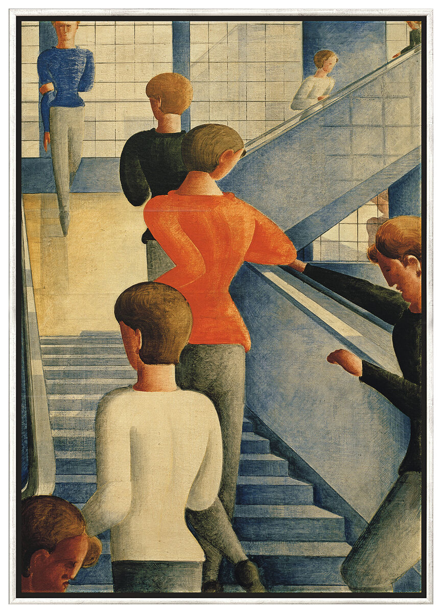 Gemälde mit mehreren abstrakten, geometrischen Figuren auf einer mehrstöckigen Treppe vor einer großen Fensterwand. Die Personen sind in stilisierten Formen dargestellt, überwiegend in Blau-, Rot-, Grau- und Beigetönen. Die Komposition wirkt räumlich und zeigt einen typischen Bauhaus-Stil.