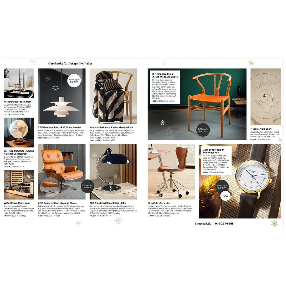 Doppelseitiger Weihnachtskatalog mit hochwertigen Designmöbeln und Wohnaccessoires, darunter Sessel, Stühle, Leuchten, Decke und Uhr, modern gestaltet mit klaren Linien, verschiedenen Farbtönen und Geschenkideen für die festliche Saison.