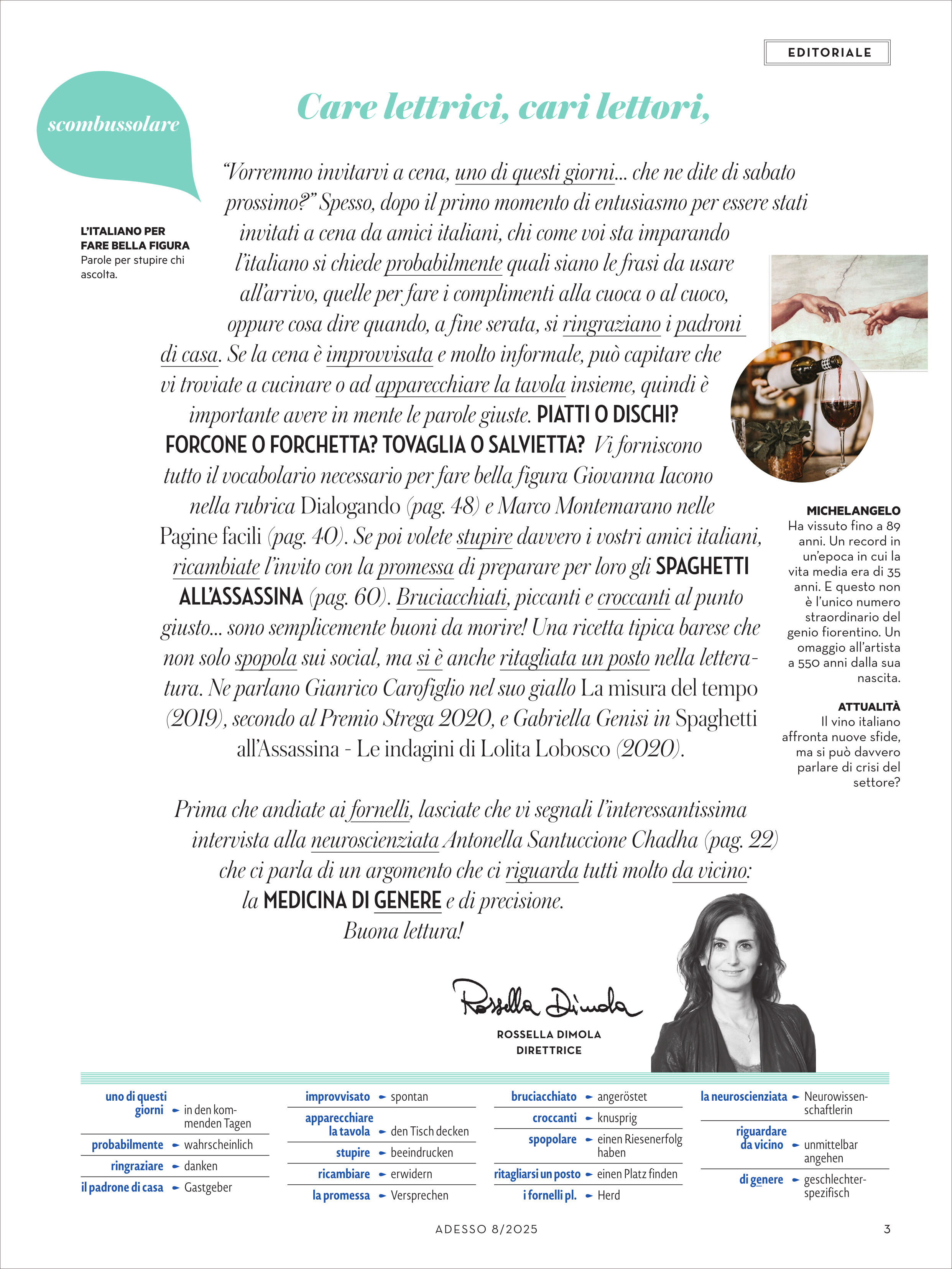 Titelseite eines Magazins mit italienischen und deutschen Textabschnitten, Überschriften, farbigen Hervorhebungen und einem Foto einer Frau unten rechts. Die Seite enthält redaktionelle Informationen, Erklärungen zu italienischen Begriffen sowie eine kurze Vorschau auf die Artikel der Ausgabe.