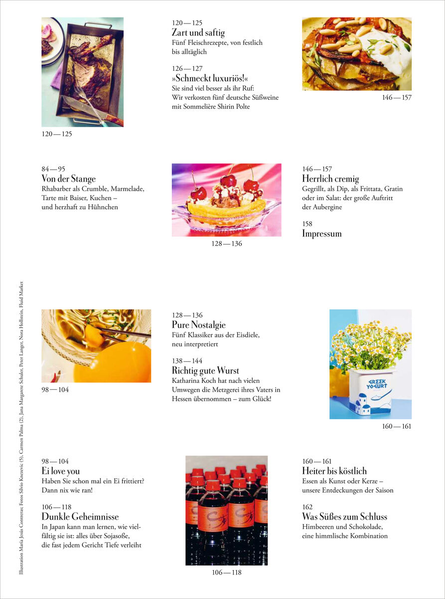 Detailreiche Inhaltsübersicht des ZEITmagazin WOCHENMARKT 10/26 mit farbenfrohen Fotos von Speisen wie Kuchen, Eisbecher und Brot, grafisch klar gegliedert und beschriftet. Pflanzenarrangement und Getränke ergänzen die Genuss-Seiten für Koch- und Genussliebhaber.