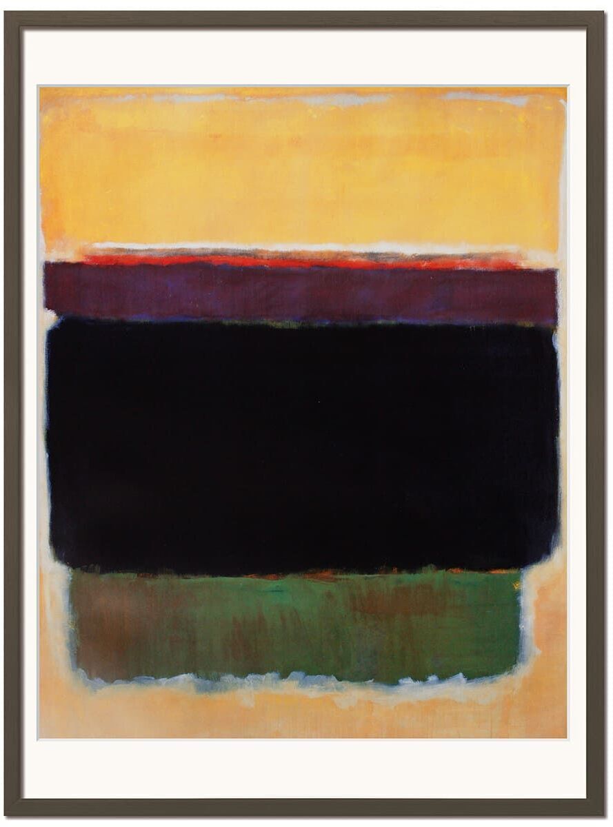 Eine abstrakte Farbfeldmalerei von Rothko aus dem Jahr 1949 mit dominanten Farben Gelb, Rot, Schwarz, Grün und Braun, eingerahmt in einem schlichten Rahmen.