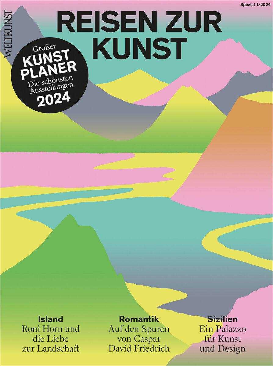 Das Sonderheft 'Reisen zur Kunst' von Weltkunst für 2024 zeigt einen farbenfrohen, abstrakten Landschaftshintergrund in Rosa, Gelb, Blau und Grün. Der Text auf dem Cover hebt Kunstreiseziele wie Island, Romantik und Sizilien sowie einen Kunstplaner für 2024 hervor.