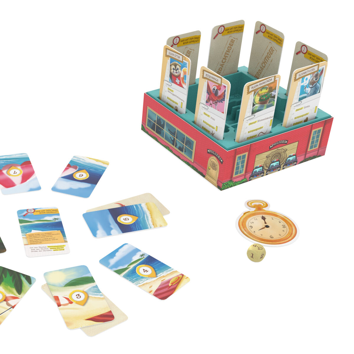 Das Bild zeigt das Kinderspiel 'Detective Charlie' mit einer Detektivfigur, mehreren bunten Karten, einem kleinen Spieluhr-Plättchen und einer gestalteten Spielbox mit Charakterkarten. Geeignet für Kinder und Familien zum gemeinsamen Spielen und Rätsellösen.