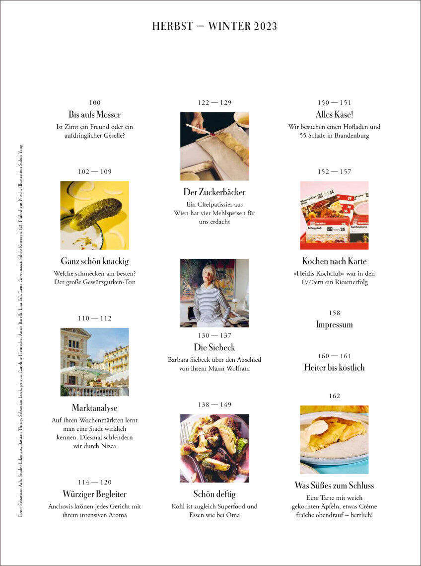 Titelseite des ZEITmagazin WOCHENMARKT Ausgabe 5/23, Herbst Winter 2023, mit verschiedenen kulinarischen Themen und Rezepten, illustriert mit Bildern von Lebensmitteln und Gerichten.