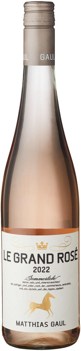 Eine Flasche Roséwein der Marke ZEIT-Weinedition »Pfalz«. Die Flasche trägt das Etikett 'Le Grand Rosé 2022' von Matthias Gaul. Die Weinflasche hat eine silberfarbene Kapsel und ein elegantes, schlichtes Design.