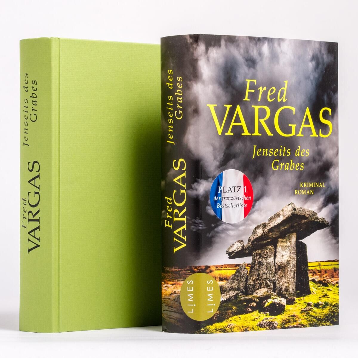 Deckblatt und Rücken des Buches 'Jenseits des Grabes' von Fred Vargas. Das Deckblatt zeigt einen mystischen Steinkreis in einer düsteren Landschaft mit gelben und grauen Farbtönen.