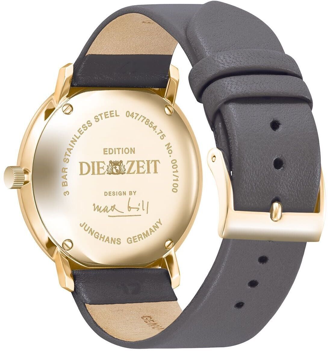 Rückseite einer luxuriösen Damenuhr von Junghans, ZEIT-Sonderedition max bill, mit goldfarbenem Gehäuse, grauem Lederarmband und Gravuren.