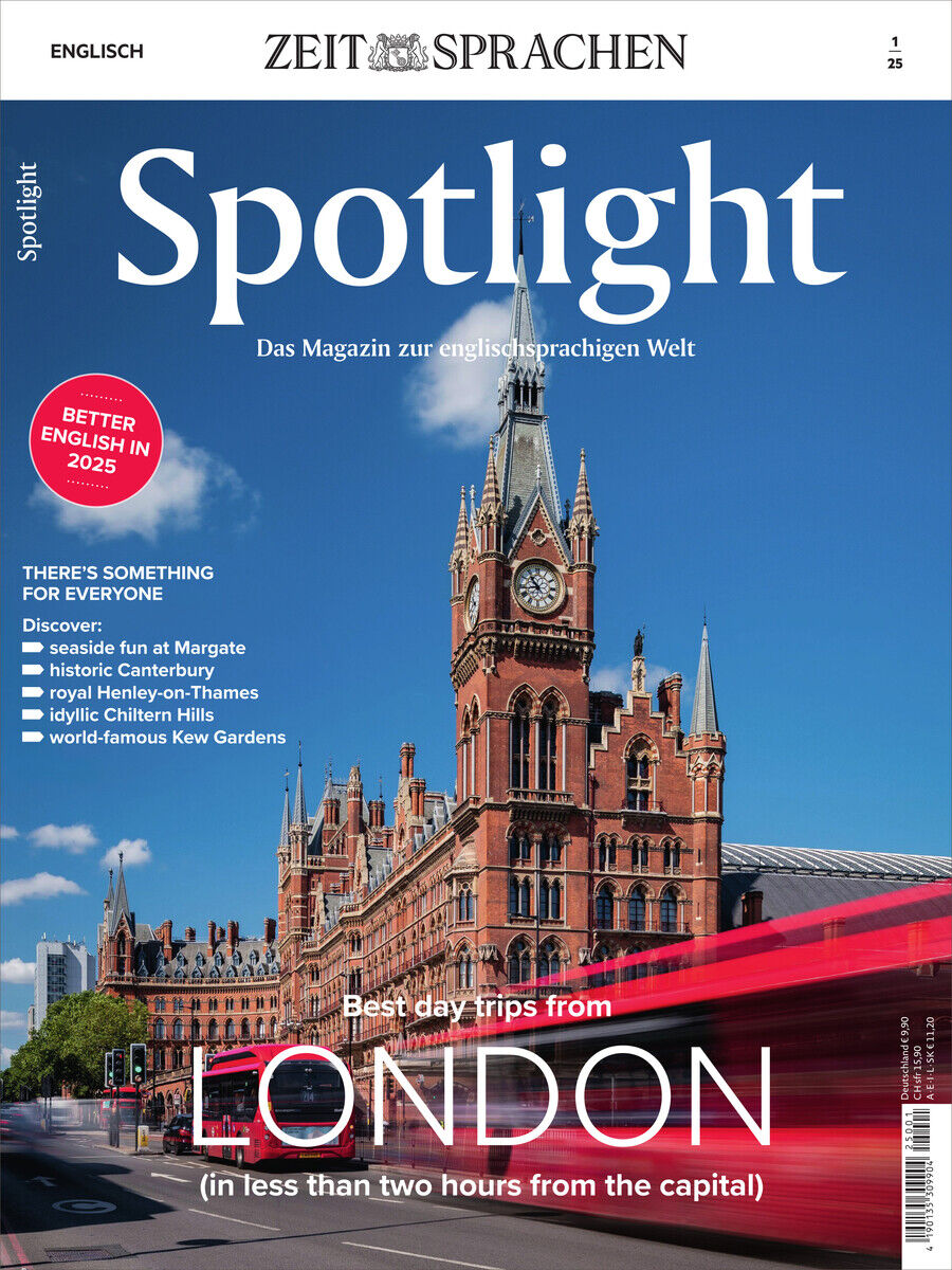 Cover des Spotlight Magazins 1/25 mit einem Bild des Londoner St Pancras Bahnhofs und thematischer Ankündigung zu Ausflügen. Oben befindet sich der Titel „Spotlight“, darunter der Zusatz „Das Magazin zur englischsprachigen Welt“.