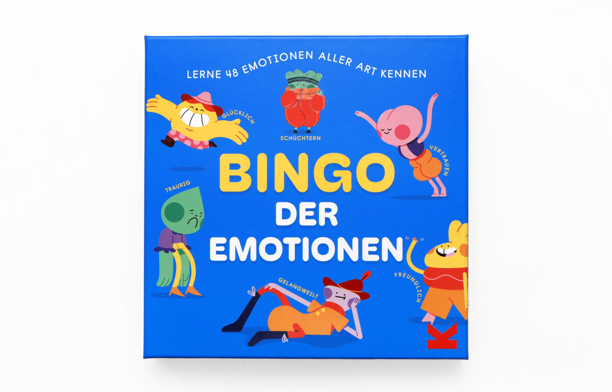 Verpackung des Spiels 'Bingo der Emotionen' mit blauen Hintergrund, bunten Illustrationen von Charakteren und dem gelben und weißen Titeltext.