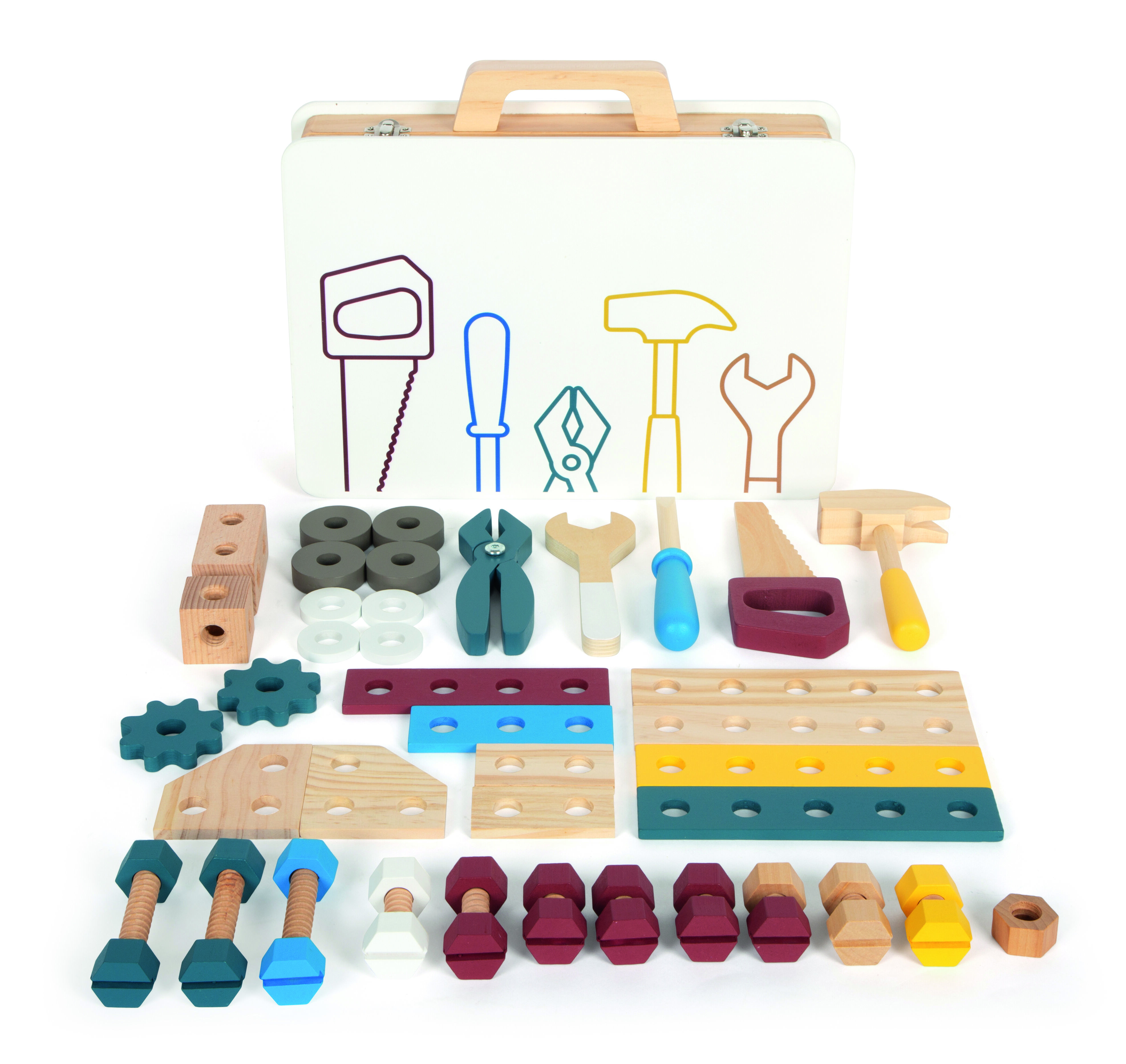 Abgebildet ist ein Werkzeugkoffer aus Holz mit passendem Zubehör, darunter Hammer, Schraubendreher, Schrauben, Muttern, Zange und Werkzeugteile in unterschiedlichen Farben. Ideal als Lernspielzeug für Kinder zur Förderung von Motorik und Kreativität.