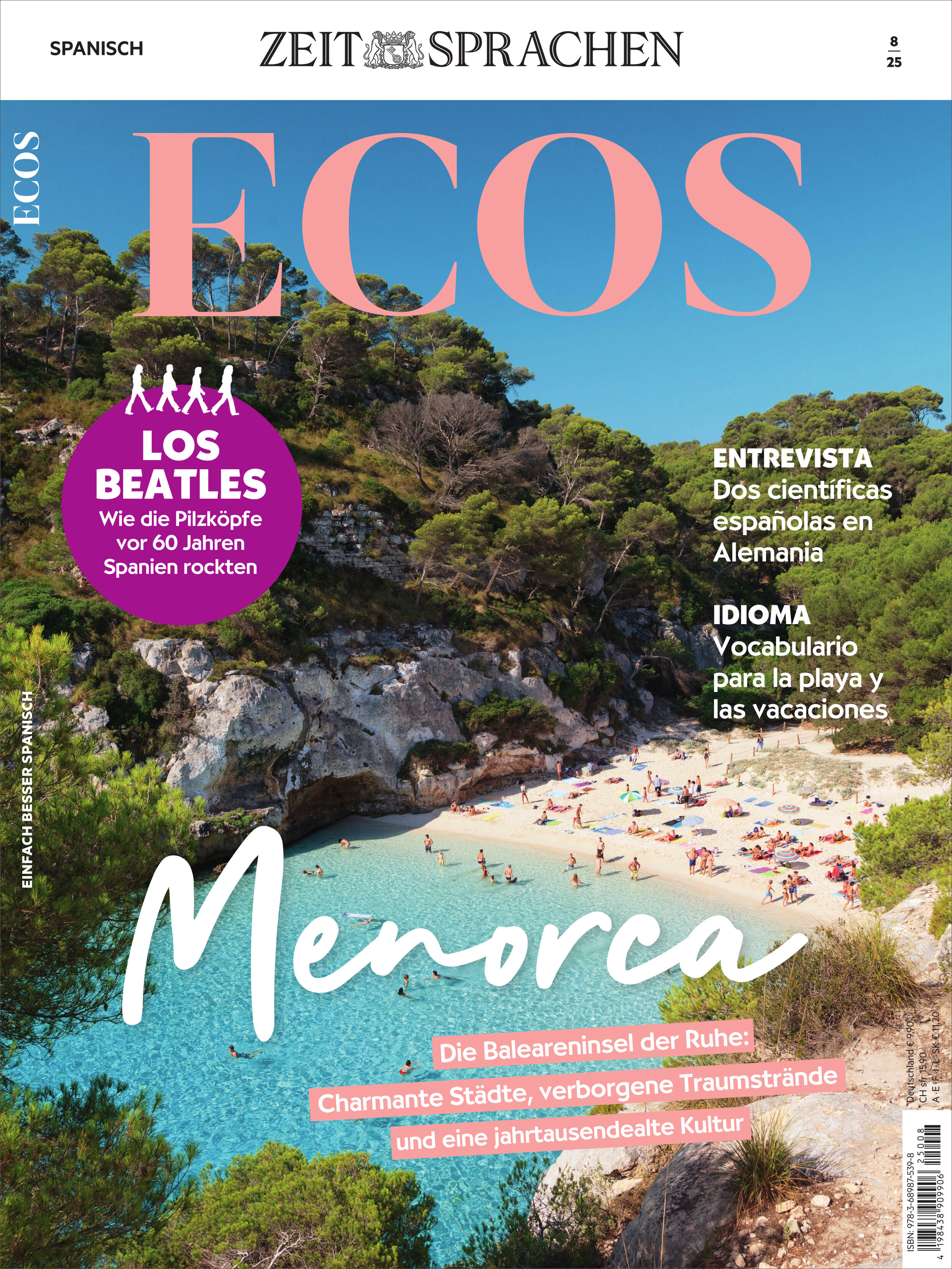 Titelbild des ECOS Magazin 8/2025 mit einer malerischen Bucht auf Menorca, türkisblauem Wasser, weißen Felsen und grünem Wald. Im Vordergrund steht der Schriftzug 'Menorca'. Weitere Themen wie die Beatles, spanische Wissenschaftlerinnen und Vokabular für Strand und Urlaub sind auf dem Cover angekündigt.