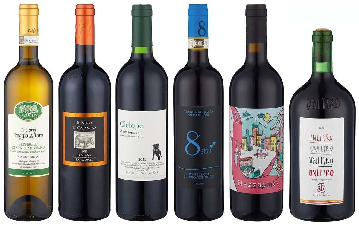 Sechs verschiedene Flaschen italienischer Weine aus der ZEIT Weinedition »Toskana« 2023. Die Flaschen haben unterschiedliche Etiketten und Kapseln in Rot, Weiß, Schwarz, Blau, Grün und Gelb.