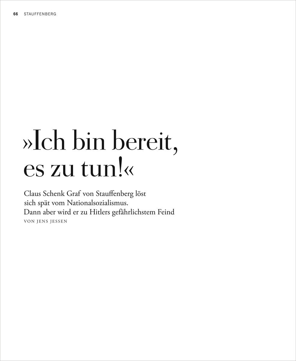 Eine Seite aus der Zeitschrift ZEIT GESCHICHTE 4/24 Widerstand zeigt den Text 'Ich bin bereit, es zu tun!', bezogen auf Claus Schenk Graf von Stauffenberg und seinen Widerstand gegen den Nationalsozialismus.