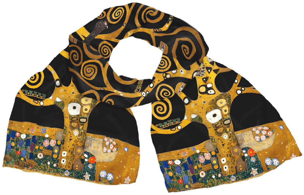 Ein eleganter Seidenschal mit dem Motiv 'Lebensbaum' nach Gustav Klimts Stoclet Fries, in schwarzen, goldenen und bunten Tönen. Perfekt als modisches Accessoire oder Geschenkidee für Kunstliebhaber.