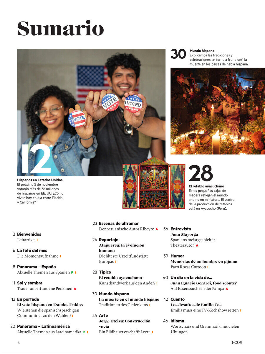 Titelseite der Zeitschrift 'Ecos Magazin 13/2024', die spanische und lateinamerikanische Themen behandelt. Es zeigt Menschen mit 'I VOTED'-Buttons und kulturelle Abbildungen. Die Farben Blau, Rot, Schwarz, Weiß und Gelb sind dominant.