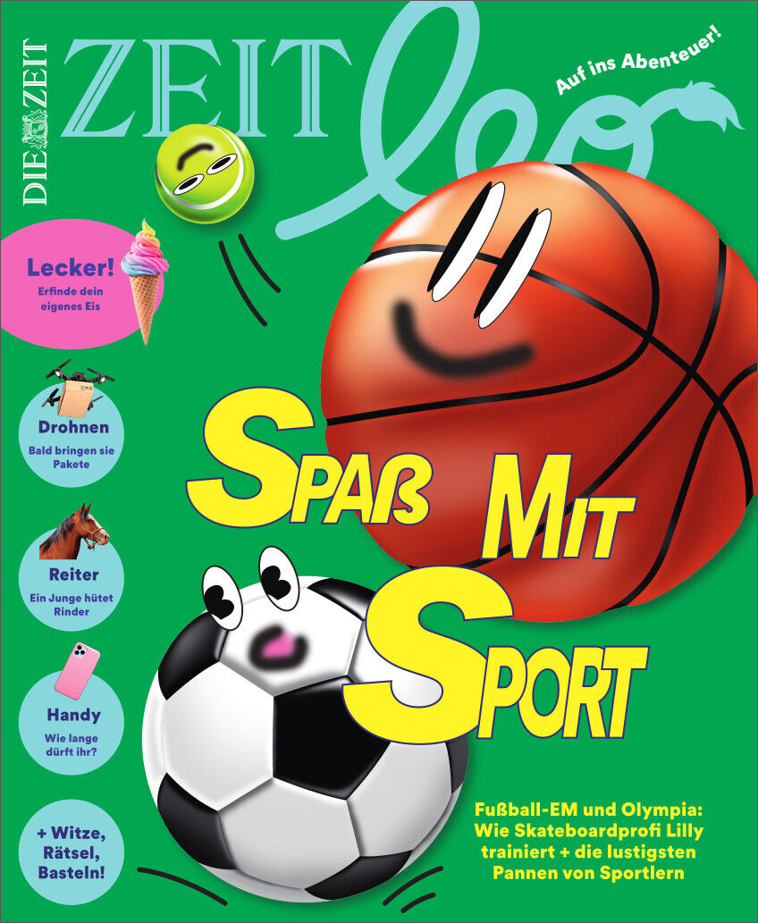 Cover der Kinderzeitschrift ZEIT LEO Ausgabe 4/24, mit dem Titel 'Spaß mit Sport'. Zu sehen sind eine fröhliche Fußball- und Basketballfigur, sowie verschiedene Themenanzeigen wie Drohnen, Witze, Rätsel und Abenteuer.