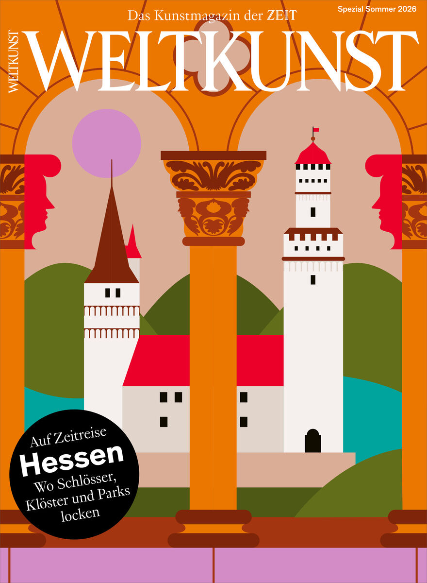 Das Cover des Magazins WELTKUNST 258/26 Sonderheft Hessen zeigt stilisierte Burgen und Türme mit weißen Fassaden und roten Dächern, umrahmt von ornamentalen Säulen und orangefarbenen Bögen. Im Hintergrund sind grüne Hügel und lila Himmel zu sehen.