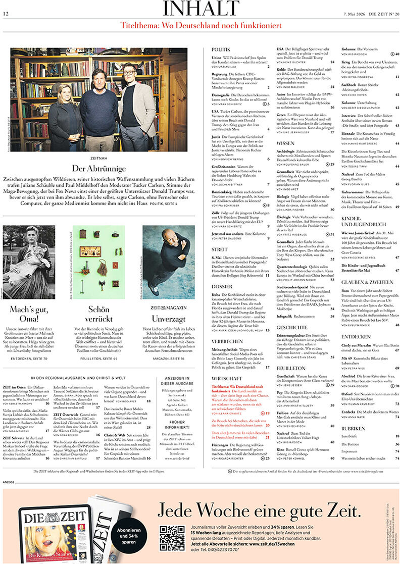 Titelseite des Inhaltsverzeichnisses der Wochenzeitung DIE ZEIT 20/2026, oben ein Farbfoto von drei Personen vor einem Bücherregal, darunter mehrere Spalten mit Überschriften, Textauszügen und weiteren kleinen Fotos. Unten Werbung für das Zeitungsabo.