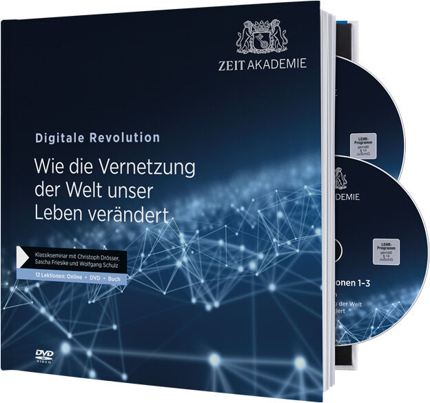 Das Produktbild zeigt das Seminarpaket »Digitale Revolution« der ZEIT Akademie, bestehend aus einem Buch und DVDs. Auf dem Cover sind Netzwerklinien und Lichtpunkte zu sehen, die Vernetzung und digitale Kommunikation symbolisieren.