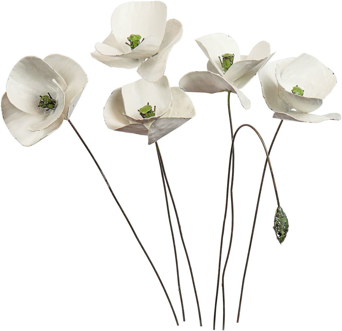 Gartenstecker 'Weißer Mohn' aus Metall, bestehend aus mehreren weißen Mohnblumen mit grünen Blütenmitten und schlanken, langen Stielen, ideal als Gartendekoration und für verschiedene Anlässe wie Ostern und Frühlingsanfang.