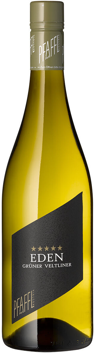 Freigestellte Flasche Grüner Veltliner „Eden“ von Weingut Pfaffl vor weißem Hintergrund. Die schlanke, gelbgrüne Weißweinflasche hat einen olivgrünen Schraubverschluss mit weißem Pfaffl-Schriftzug. Das schwarze, diagonal geteilte Etikett zeigt goldene Sterne sowie „EDEN“, „GRÜNER VELTLINER“ und „PFAFFL“.