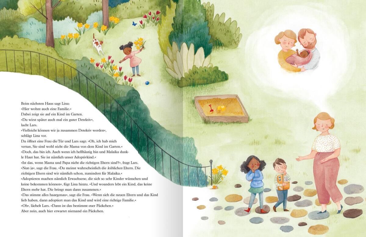 Eine Kinderbuch-Illustration zeigt eine Familie in einem Garten. Verschiedene Personen, darunter Kinder und Erwachsene, sind in harmonischen Aktivitäten dargestellt. Im Hintergrund spielen Kinder in einem Sandkasten und pflücken Blumen. Die Illustration zeigt eine warme und einladende Szene voller Farben und Natur.