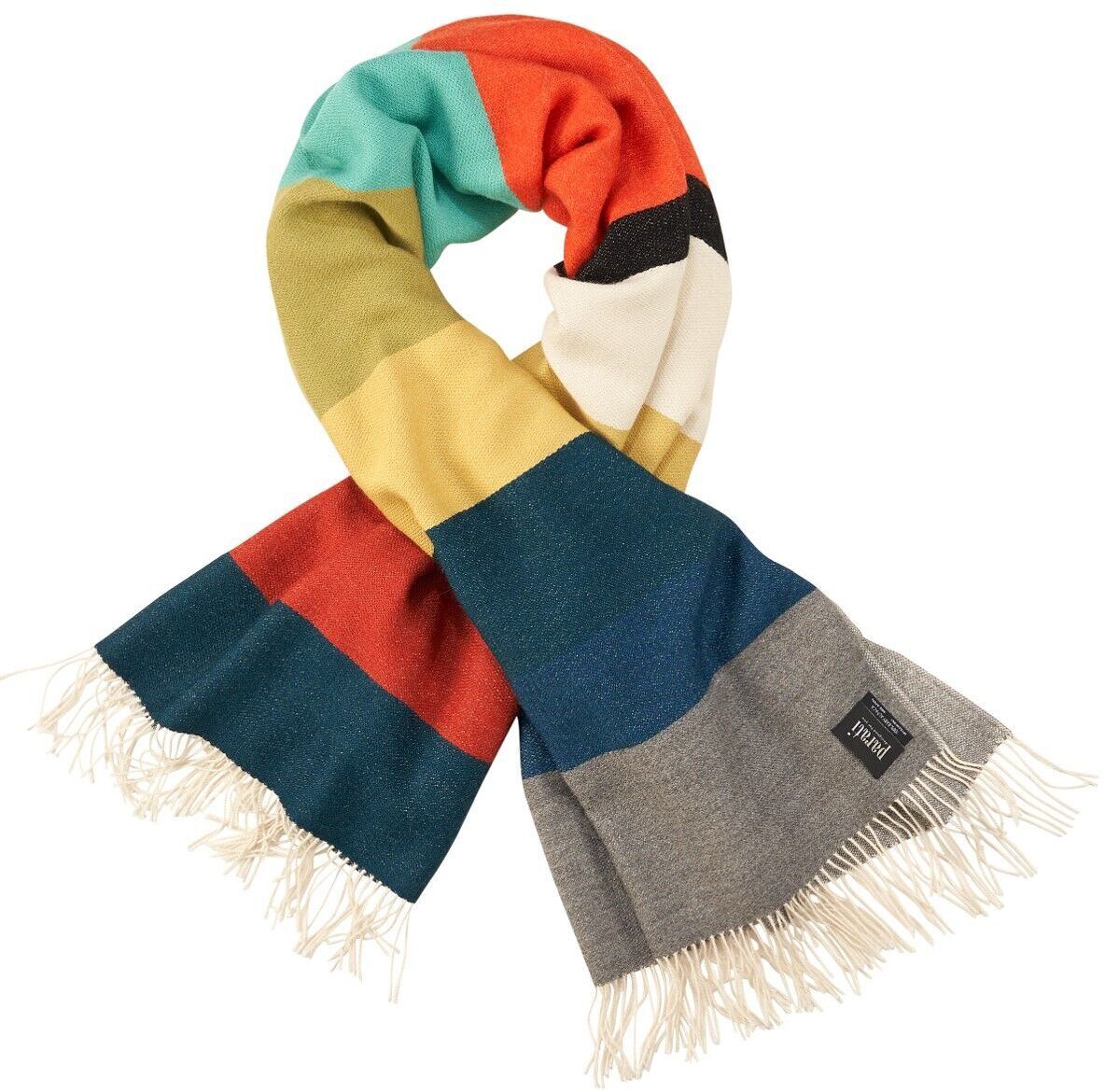 Ein bunter Schal von Parati im Mid-Century-Stil, der verschiedene Farben wie Rot, Blau, Gelb, Grün, Schwarz, Weiß und Grau enthält. Der Schal hat Fransen an den Enden.