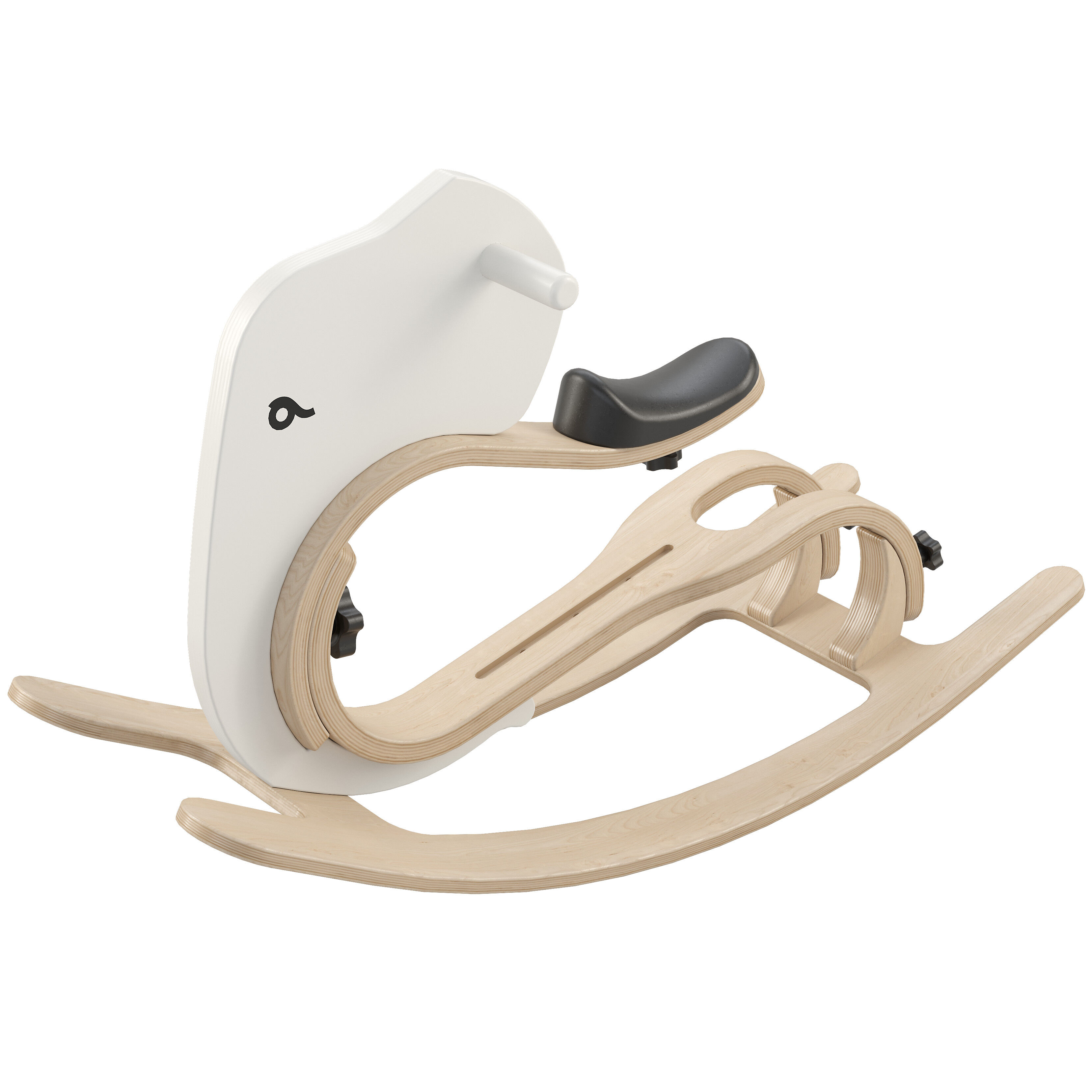 Abgebildet ist ein Schaukeltier in Elefantenform aus hellem Holz, mit weißer Front und schwarzem Sitz. Das Produkt ist eine Erweiterung für ein Balance Bike und steht auf gebogenen Holzkufen.