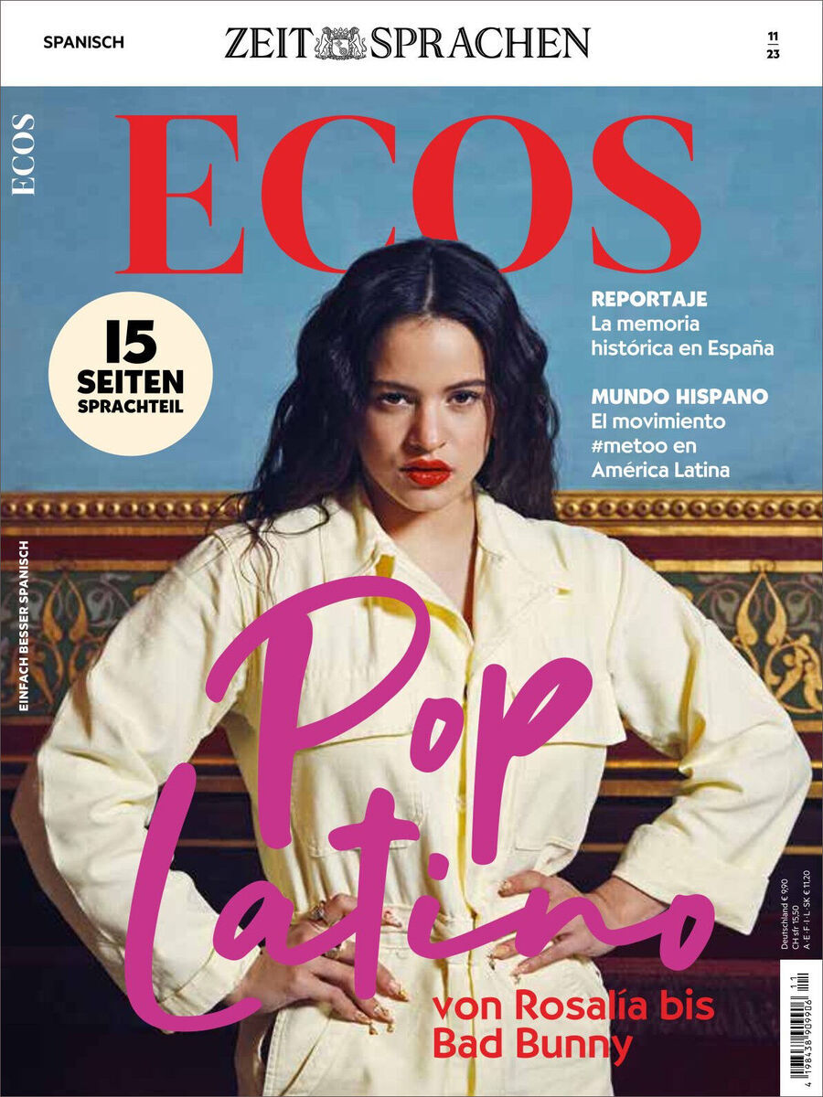 Cover des Ecos Magazins, Ausgabe 11/2023. Im Mittelpunkt steht eine Frau in weißer Kleidung vor einem goldenen Hintergrund. Der Titel 'Pop Latino' und Erwähnungen von Rosalia und Bad Bunny sind in rosa Schrift hervorgehoben.