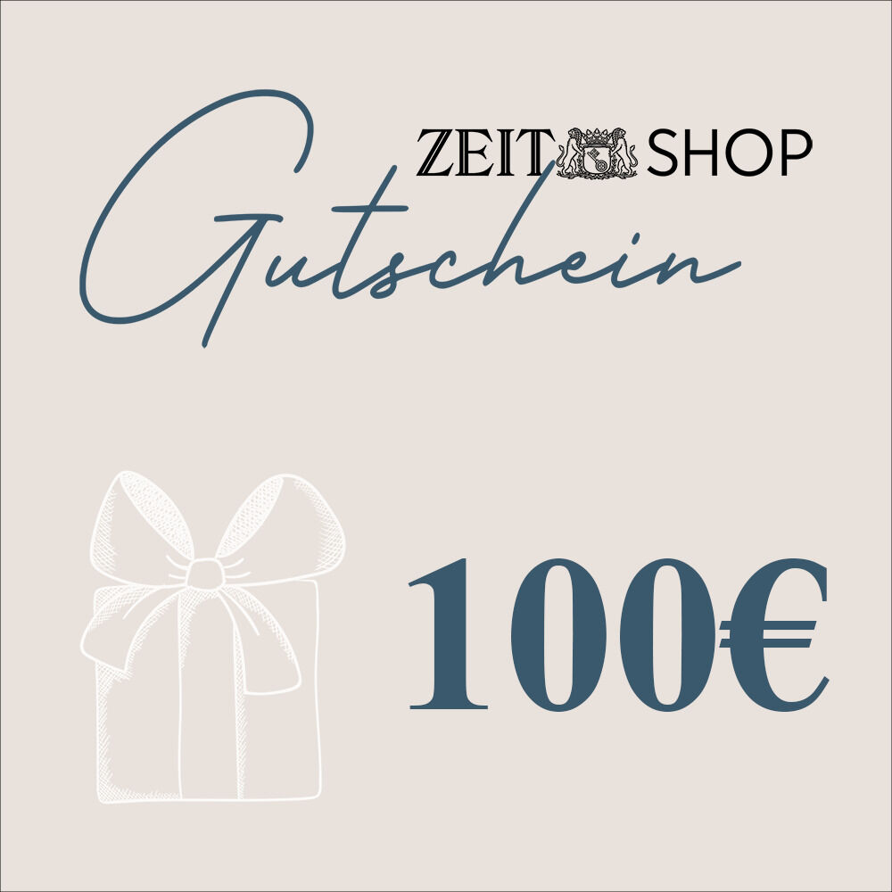 Digitaler 100 EUR Geschenkgutschein für den ZEIT Shop mit einem stilisierten Geschenk und der Aufschrift 'Gutschein'.