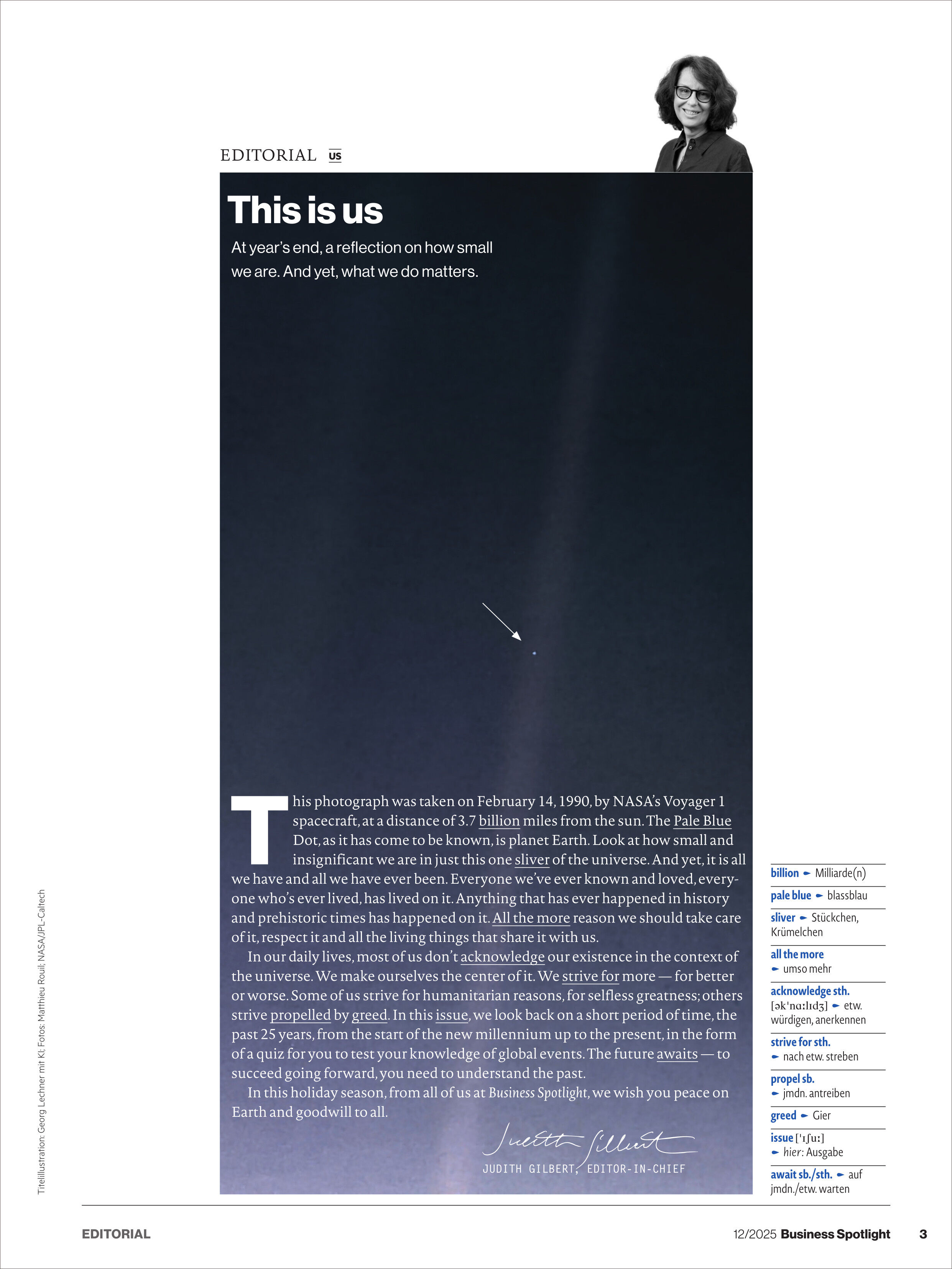 Titelseite eines Magazins mit einem Editorial-Artikel. Im Vordergrund steht ein langer Text, der einen philosophischen Einstieg bietet. Rechts oben befindet sich das Porträt einer Frau. Der Hintergrund zeigt einen dunklen, fast schwarzen Sternenhimmel mit einem kleinen hellen Punkt in der Mitte, was möglicherweise die Erde darstellt. Am Rand zahlreiche strukturierende Linien und Spalten.