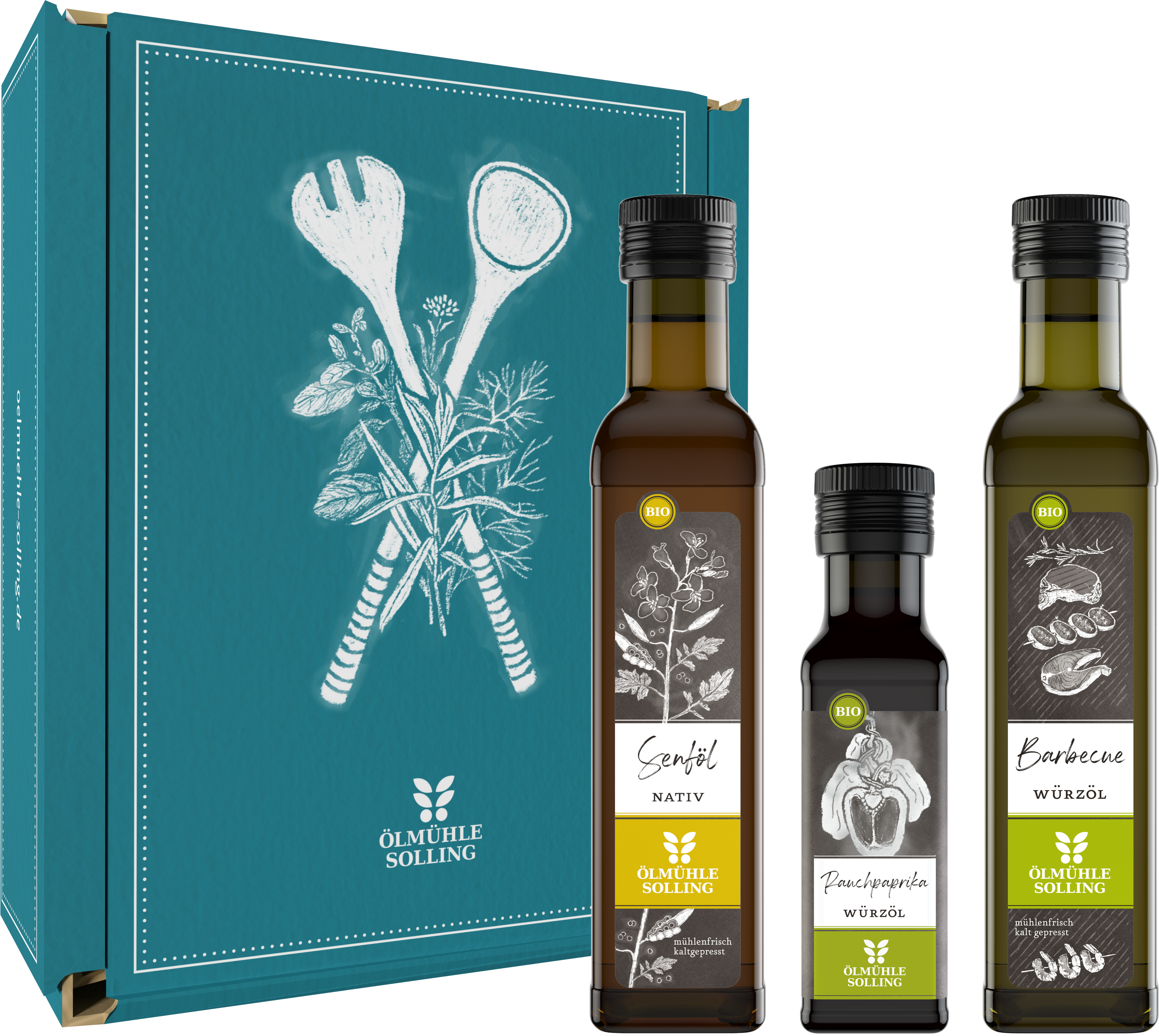 Geschenkset 'Grillmeisters Lieblinge' der Ölmühle Solling bestehend aus einer türkisfarbenen Geschenkbox mit Grillutensil-Illustration und drei Glasflaschen Bio-Gewürzöl. Die Flaschen sind attraktiv etikettiert und werden vor der Box präsentiert. Ideal als Geschenk oder für Grillabende.