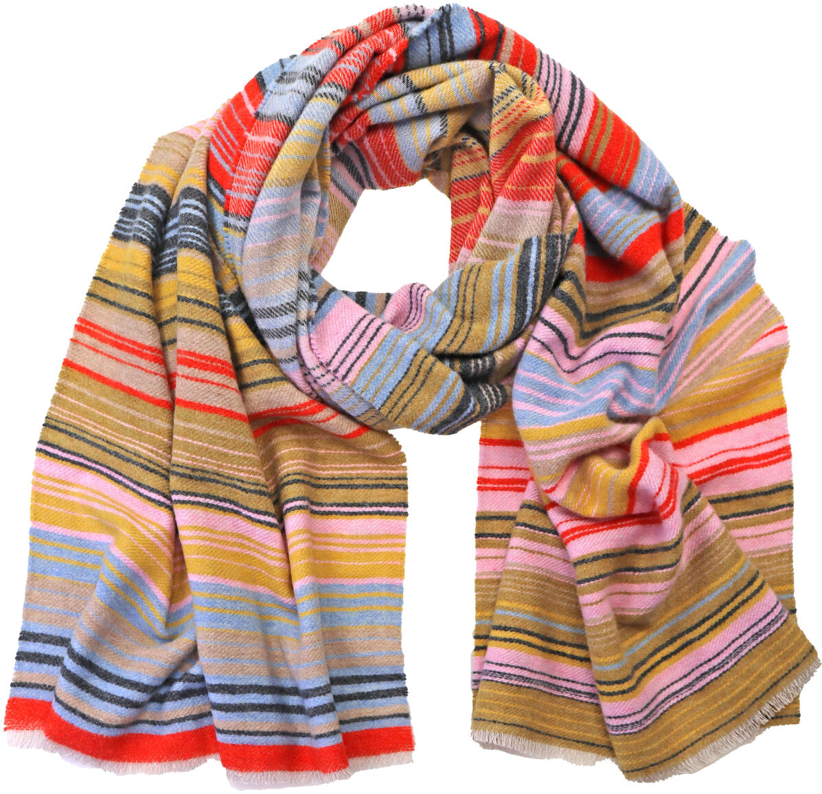 Der Wollschal »Ariana« ist locker drapiert dargestellt und zeigt ein auffälliges Streifenmuster in Gelb, Rot, Rosa, Blau, Schwarz, Orange und Beige. Der Schal wirkt weich und warm und eignet sich sowohl für Damen als auch Herren als modisches Accessoire.