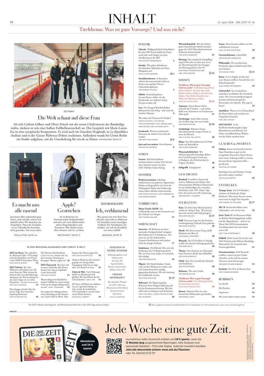 Inhaltsverzeichnis der Zeitung DIE ZEIT 18/2026 mit Artikeltiteln, kurzen Zusammenfassungen, Fotos von vier Frauen auf einer Treppe, zwei weiteren Porträts und einer Werbeanzeige für ein Abonnement am unteren Rand. Alles ist klar strukturiert und modern gestaltet.