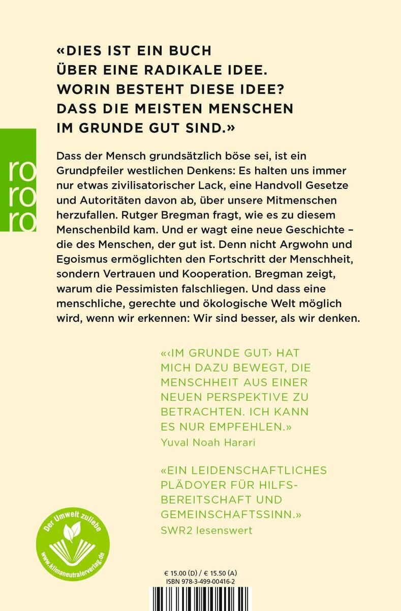 Rückseite des Buches 'Im Grunde gut' von Rutger Bregman mit Zitaten und Beschreibungen des Inhalts in deutscher Sprache. Das Cover ist gelb und grün mit Text in schwarzer und weißer Schrift.