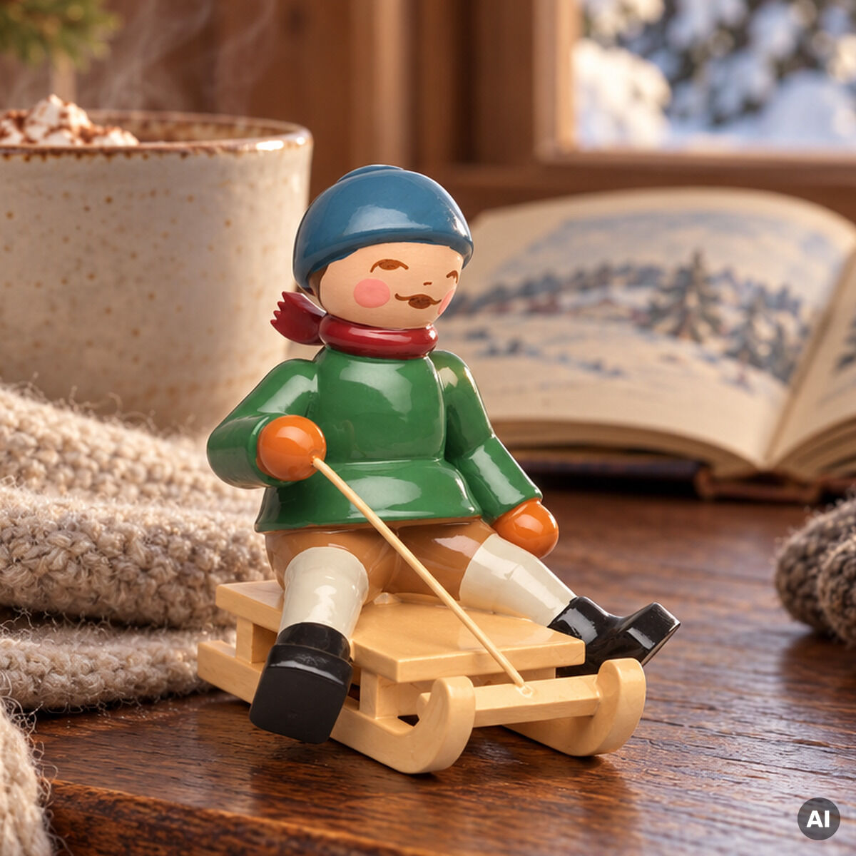 Handbemalte Holz-Figur "Winterkinder - Junge auf Schlitten" von Wendt & Kühn steht auf einem Holztisch mit Strickhandschuhen, Schal, Heißgetränk und offenem Winterbuch; im Hintergrund verschneite Landschaft am Fenster.