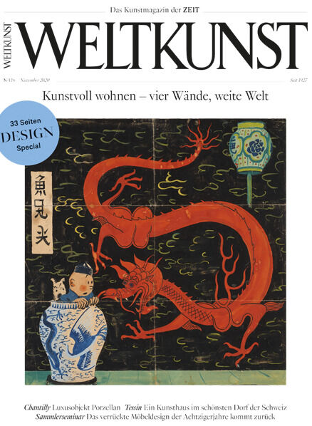 Deckblatt der Zeitschrift WELTKUNST Nummer 178/20 mit einem Design-Spezial. Das Thema der Ausgabe ist 'Kunstvoll wohnen – vier Wände, weite Welt'. Auf dem Cover ist eine asiatische Drachenmalerei in Rot auf dunklem Hintergrund mit weiteren kunstvollen Elementen und einem Porzellanvase dargestellt.