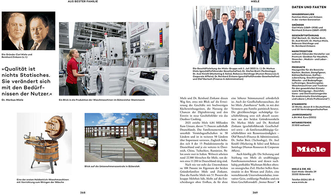 Doppelseitiges Layout des Buches »Aus bester Familie« mit Texten und Fotos, einschließlich eines Bildes einer Waschmaschinenfabrik und einem Gruppenfoto von Menschen in formeller Kleidung.