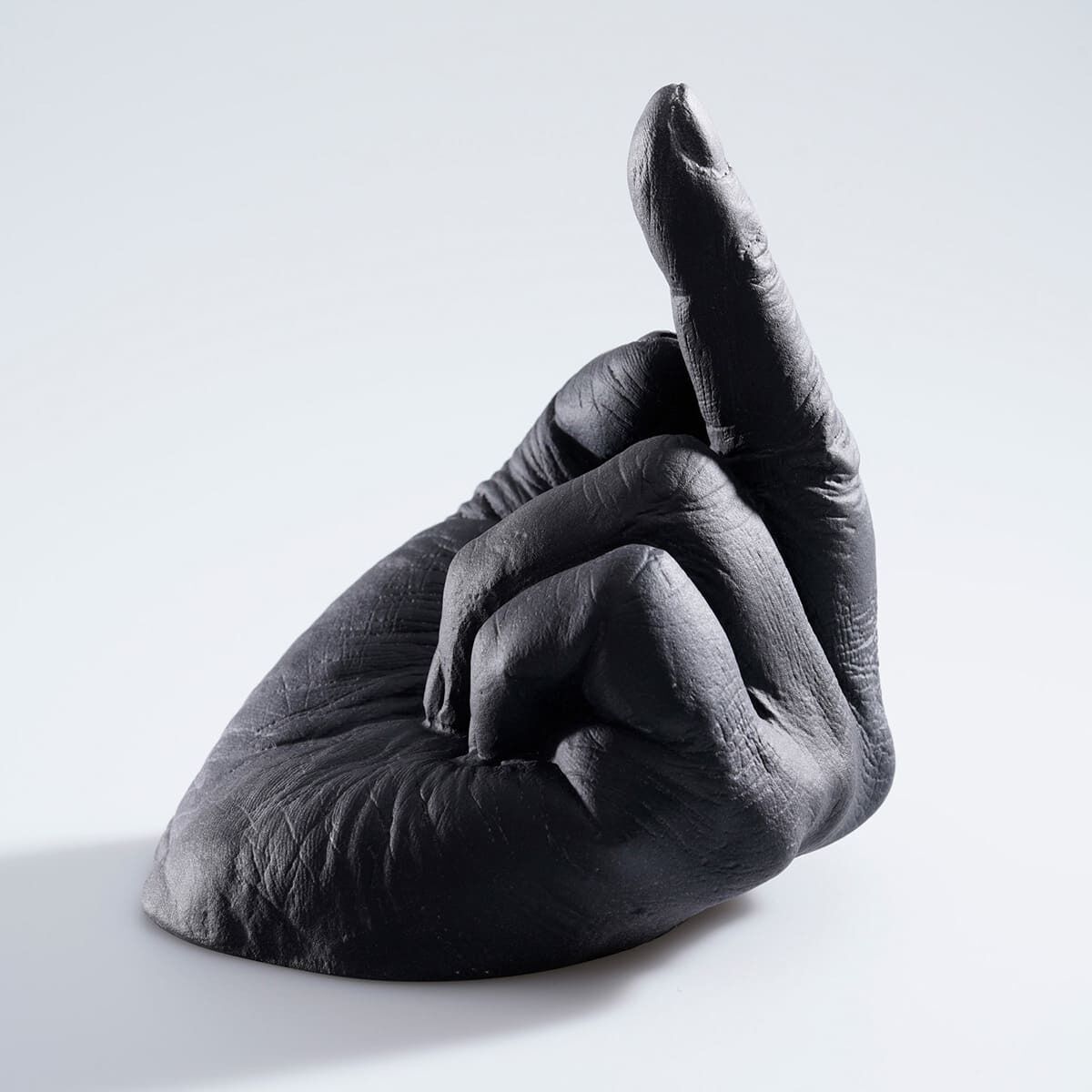 Die Skulptur zeigt eine realistisch geformte Hand aus Glas, die mit dem Mittelfinger nach oben zeigt. Das Kunstwerk stammt von Ai Weiwei und symbolisiert Protest und Perspektive.