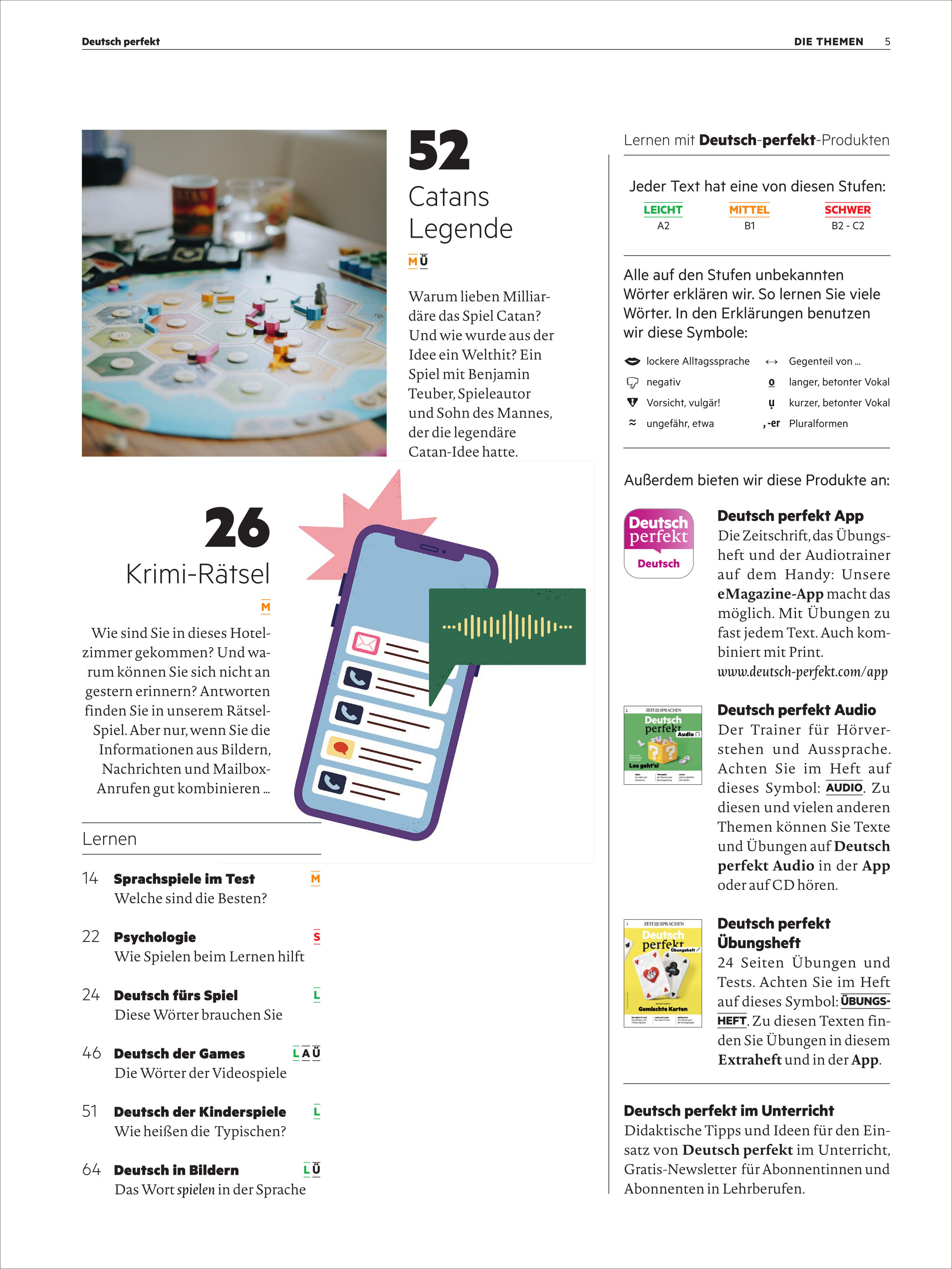 Magazinseite mit Foto eines Brettspiels (Catans Legende) oben links, einer Illustration mit Smartphone und Sprachaufnahme zentral, großflächigen Zahlen sowie Textabschnitten und Buchcovern. Übersichtliche, moderne Gestaltung für Deutschlernende.
